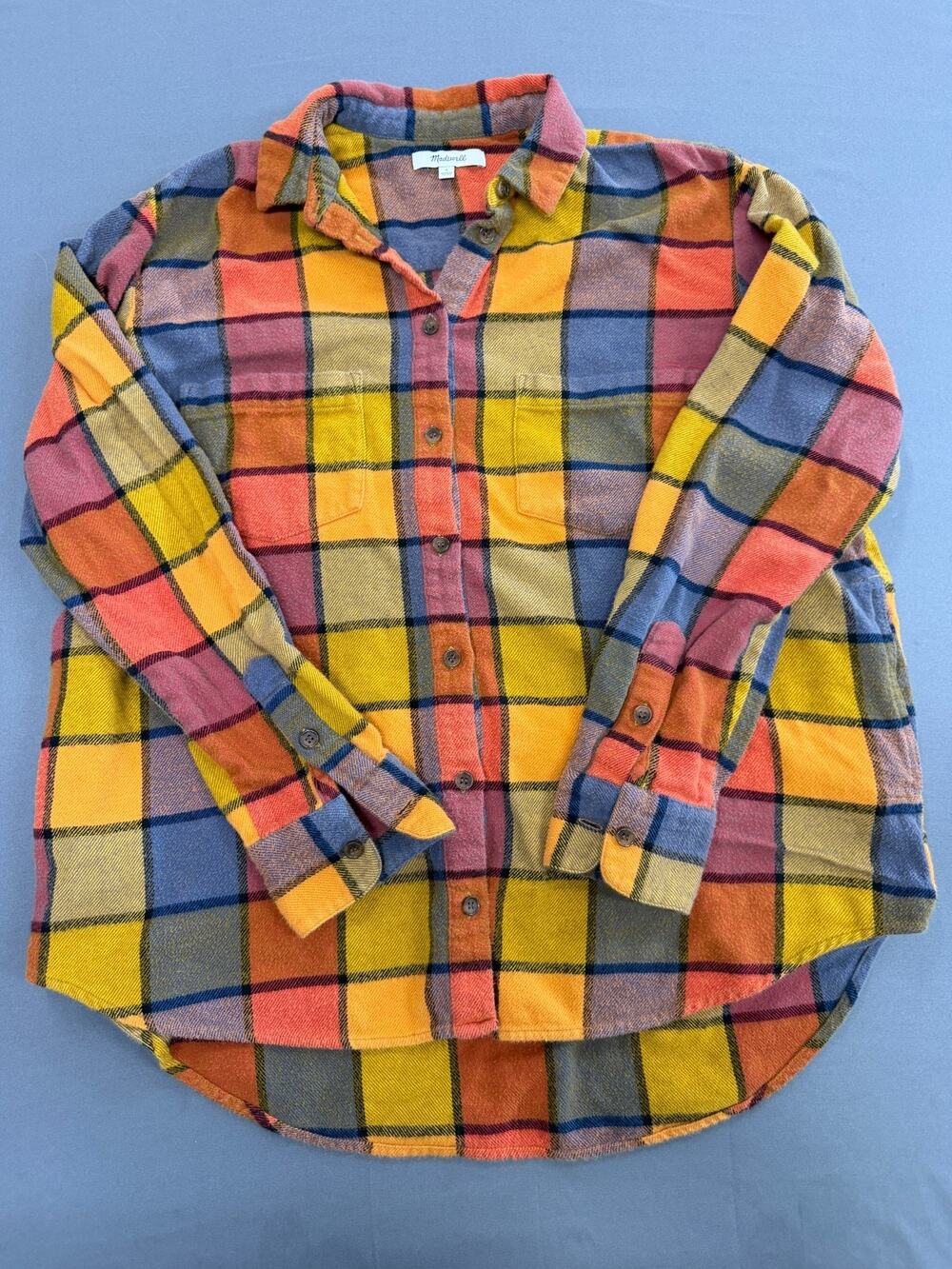 Madewell Women's Small Plaid Flannel Shirt Multicolor Button Front Cotton Pocket